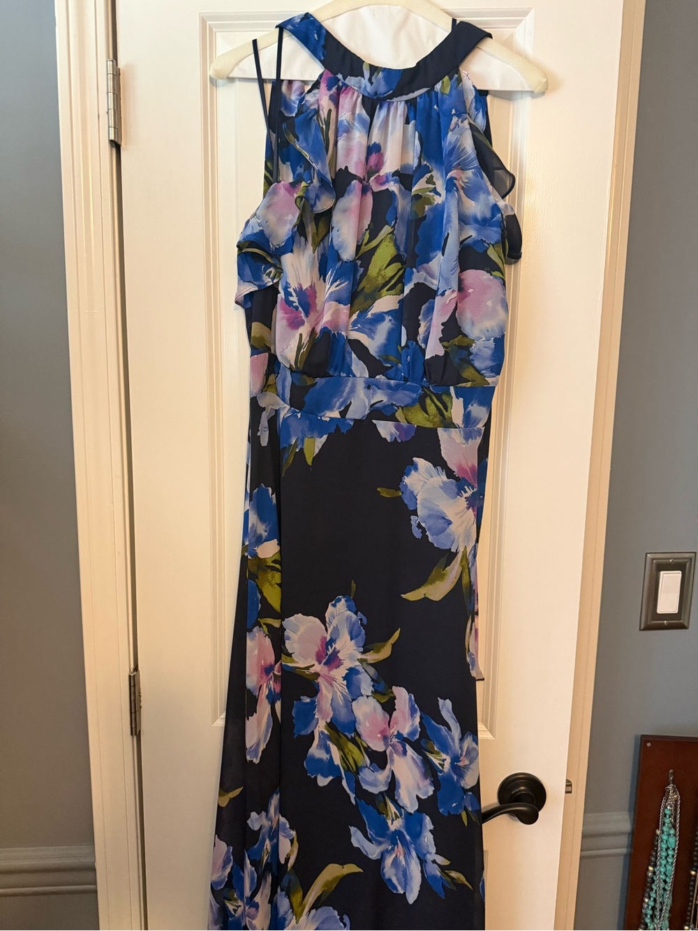 Eliza J Navy Floral Halter Maxi Dress with Blue and Green Accents